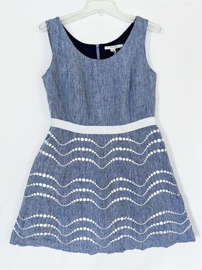 Boden Women Dress Size 10P Blue/White 100% Linen Back Zip Fit Flare Lined NEW